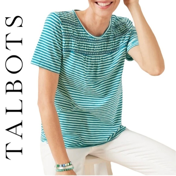 Talbots Tops - Talbots Smocked Crewneck Tee Cozumel Stripe